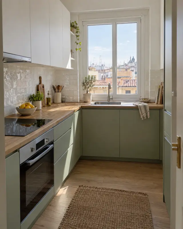 Cocina reformada con muebles verde salvia y encimera de madera