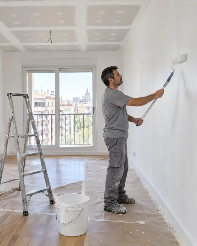Pintor pintando una pared blanca en un piso en obra